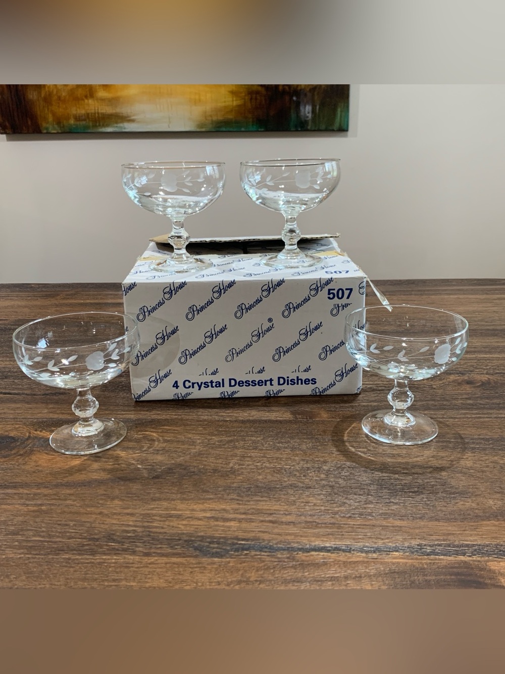 Princess House Heritage #507 Crystal Footed Dessert Dishes Set of 4 Original Box